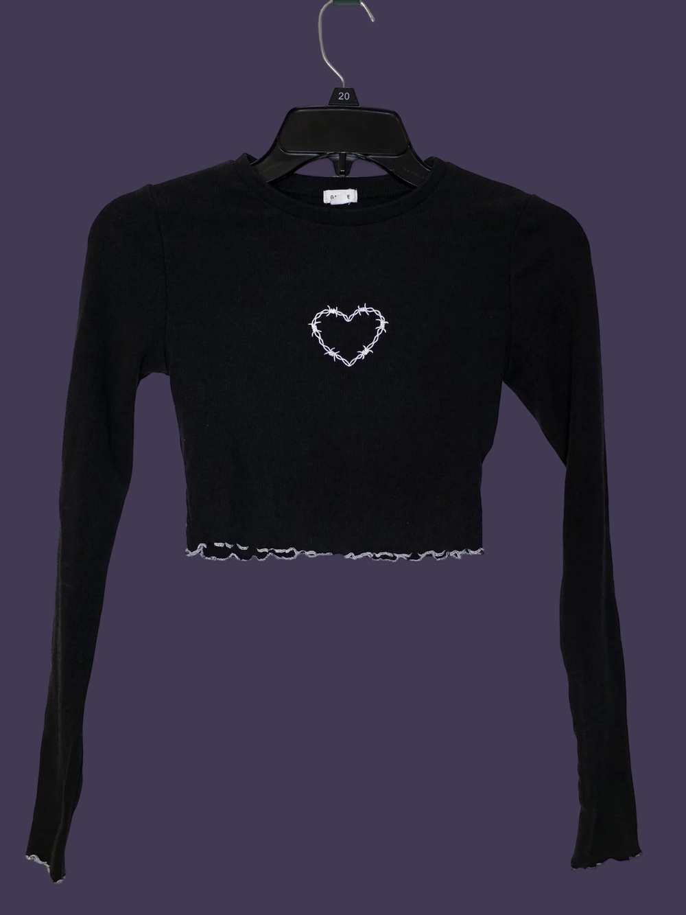 Garage Black Embroidered Barbed Wire Heart Long Sleeve Crop Top